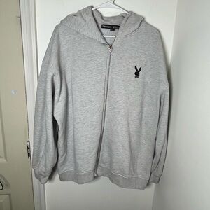 Playboy x Missguided Gray Zip Hoodie Bunny Logo Sweatshirt Size UK 16 US XL
